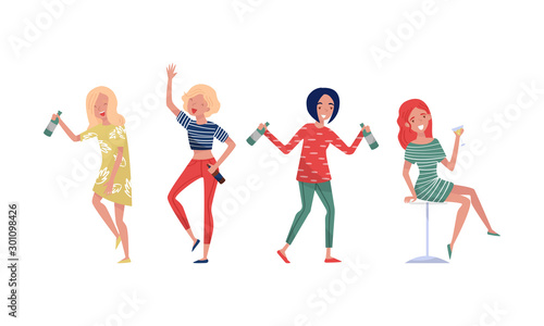 Drunk Dancing Girls With Alcohol At A Party Vector Illustration Set Isolated On White Background