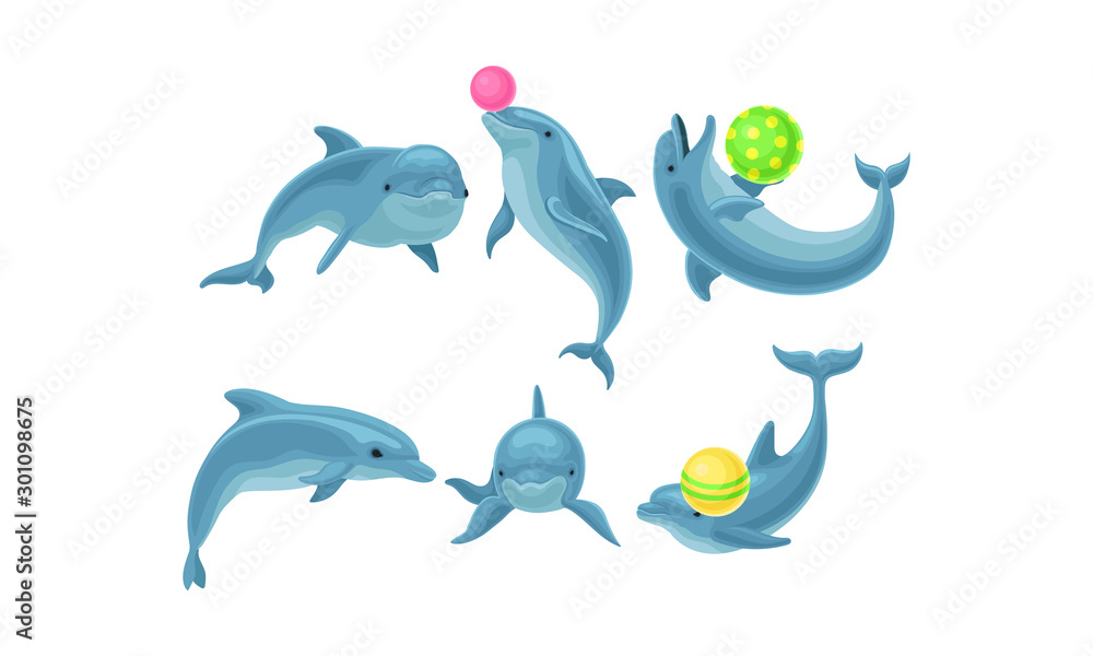 Cute Blue Dolphins Made Tricks With Balls Vector Illustration Set Cute Blue Dolphins Made Tricks With Balls Vector Illustration Set