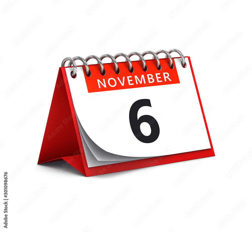 3D rendering of red desk paper november 6 date - calendar page 3D rendering of red desk paper november 6 date - calendar page