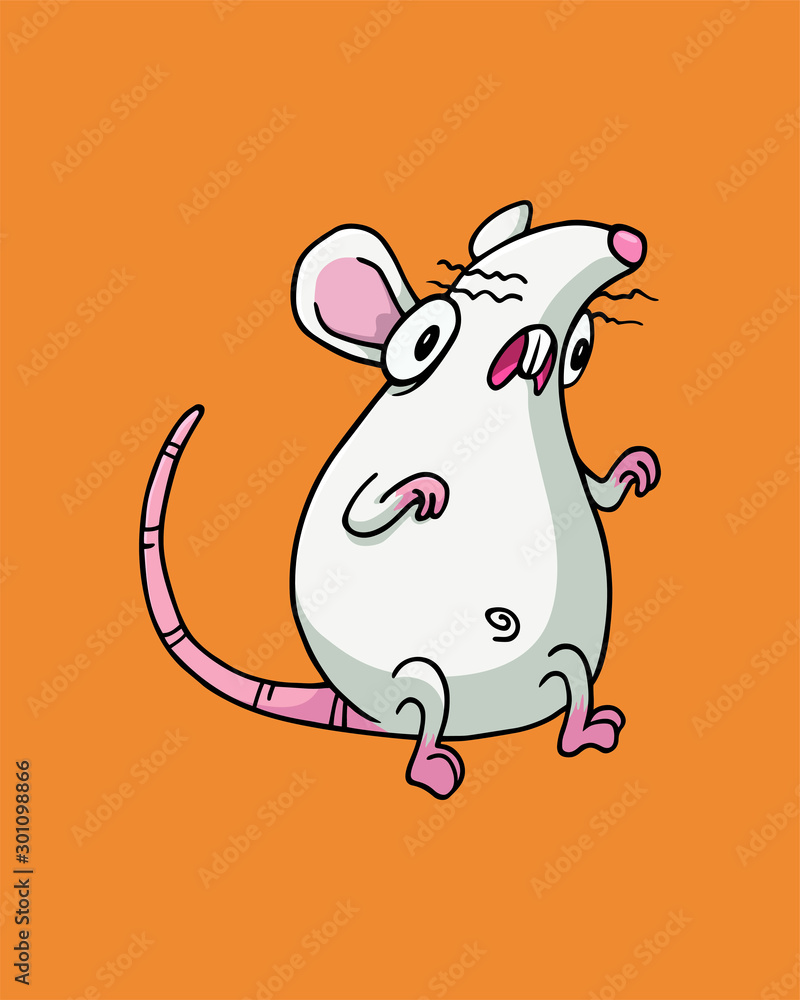 Shocked or scared looking white albino rat or mouse. Vector Illustration isolated on flat orange background for kids book or for chinese new year of the rat. For children. Emotions, frightened animal. Shocked or scared looking white albino rat or mouse. Vector Illustration isolated on flat orange background for kids book or for chinese new year of the rat. For children. Emotions, frightened animal.