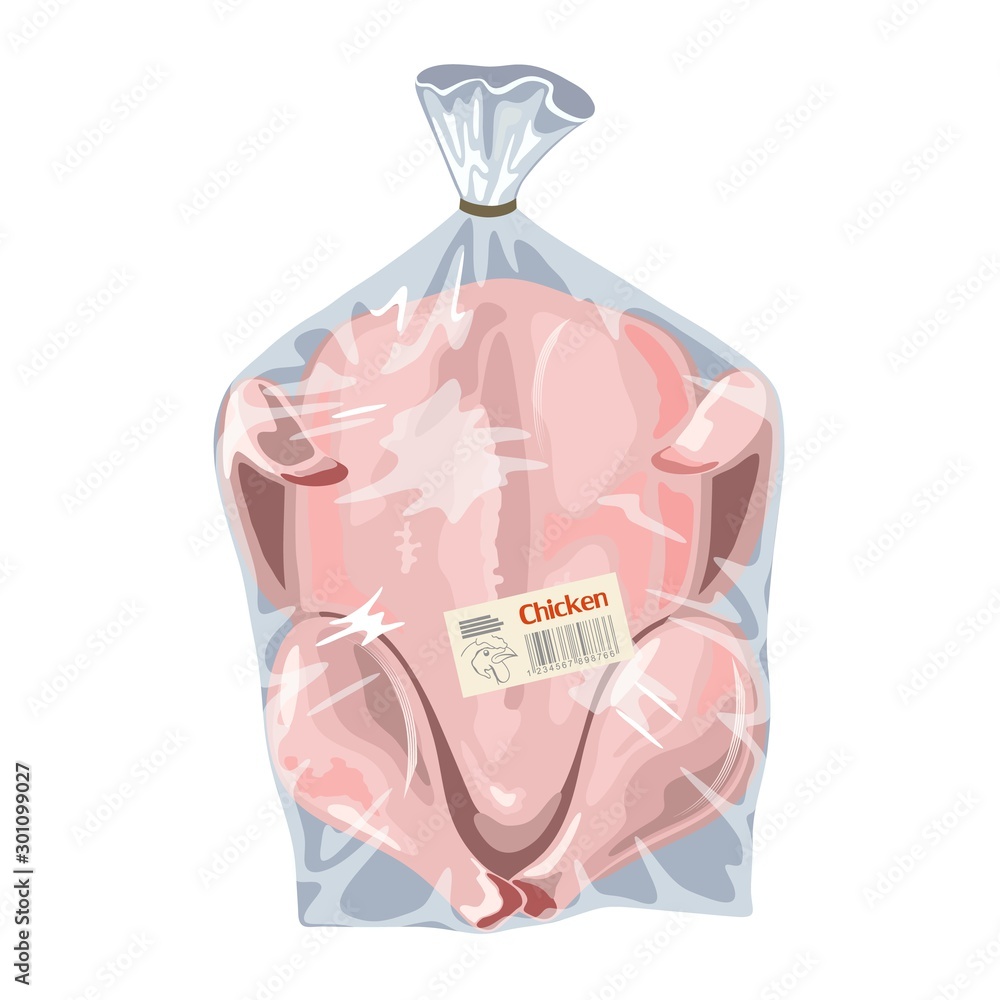 Whole raw chicken is in transparent plastic bag. Fresh poultry meat is