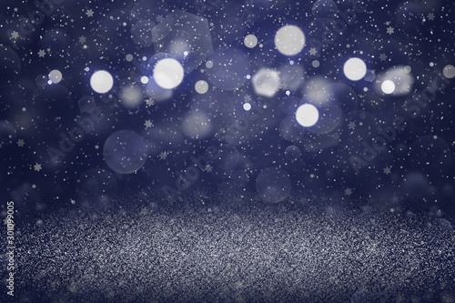 blue nice shining glitter lights defocused bokeh abstract background with falling snow flakes fly, festival mockup texture with blank space for your content