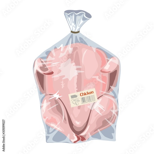 Whole raw chicken is in transparent plastic bag. Fresh poultry meat is in disposable packing. Butchery, farm product with food label. Vector cartoon illustration isolated on white background.