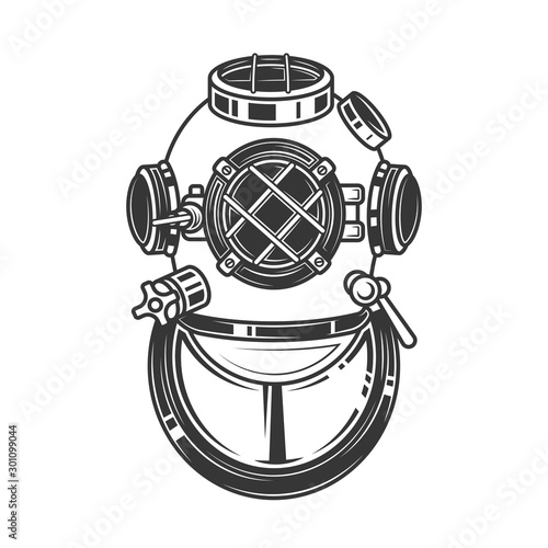 Original contour vector illustration. Heavy diving helmet.