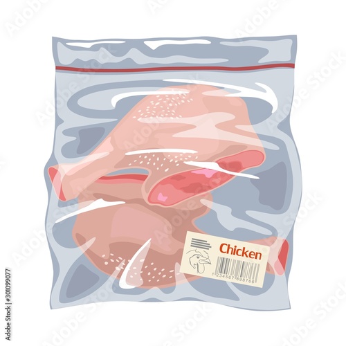 Meat poultry freeze in disposable polyethylene packing. Chicken leg quaters or drumsticks for frying, roasting, grilling, boiling, smoking. Cartoon vector illustration isolated on white background.
