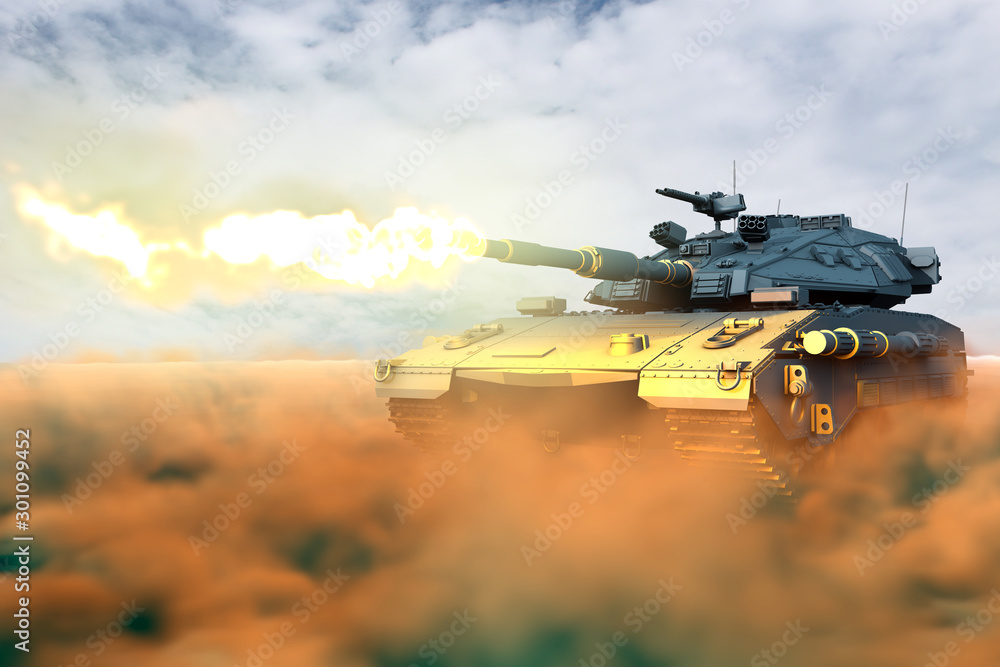 modern tank with design that not exists fighting shoots in desert, very  high resolution army forces concept - military 3D Illustration Stock  Illustration