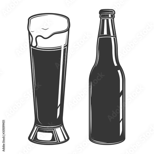Original contour illustration of a beer bottle and a glass. Coloring