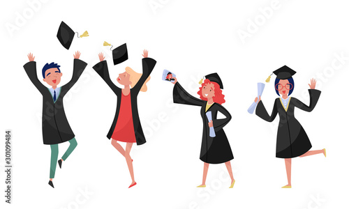 Students With Diplomas Enjoying Graduation Vector Illustration Set Isolated On White Background