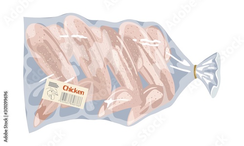 Frozen fresh wings in polyethylene disposable packing with food label. Grocery, farm market product, poultry in transparent bag. Vector cartoon illustration isolated on white background.