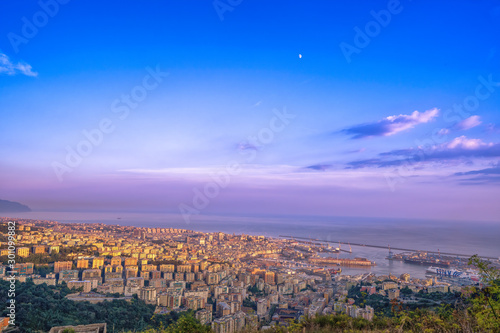 View of Genoa Port from monte fregoso during sunset time photo