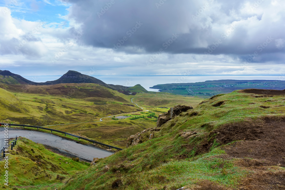 Beautiful scenery from The Quiraing on the Isle of Skye in summer , Scotland