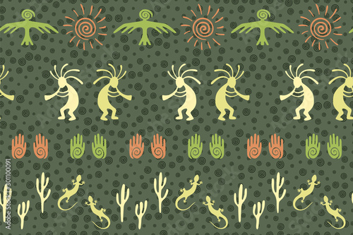 Traditional, design with trickster god, swirl icons on human palm, sun, eagle.