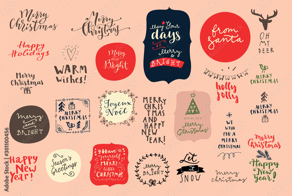 Merry Christmas and Happy New Year vintage hand drawn logos, badges and phrases for gift tags, stickers, patches, postcards, posters. Modern calligraphic artwork - obrazy, fototapety, plakaty 