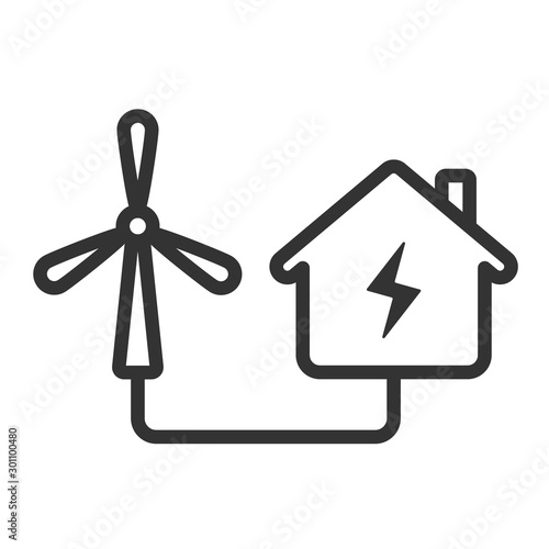 Wind turbine connected to the house line vector icon isolated on white background. House powered by a wind generator outline flat icon for web and ui design. Eco friendly alternative energy concept.