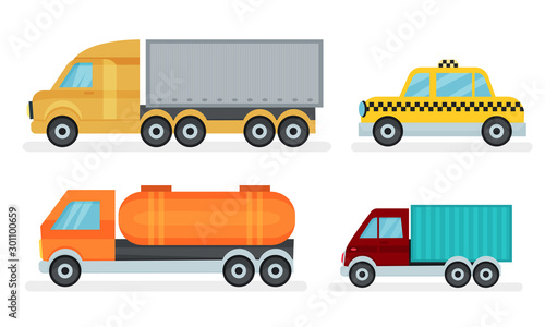 Set Of Different Urban And Industrial Transport Vector Illustrations