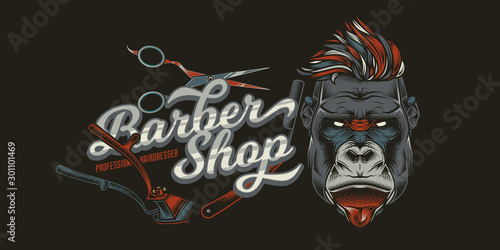 Original vector logo of hair salon in vintage style. The head of a gorilla with a stylish hairdo.