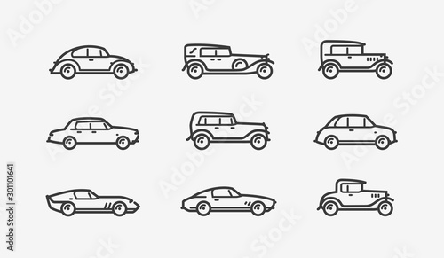 Retro car icon set. Transport, transportation symbol in linear style. Vector illustration