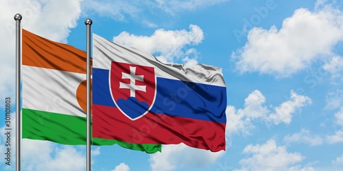 Photography Niger and Slovakia flag waving in the wind against white cloudy blue sky together