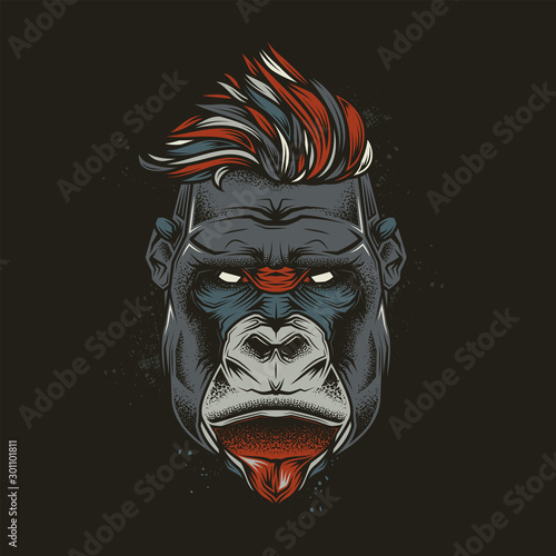 Original vector illustration  in a retro style. Hipster gorilla with stylish hairstyle . T-shirt or sticker design