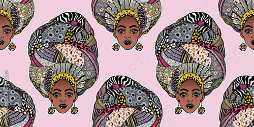 Seamless pattern with African woman in traditional geometric turban, head wrap Fototapet
