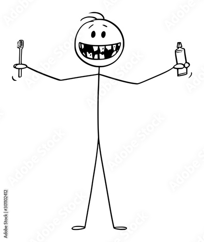 Vector cartoon stick figure drawing conceptual illustration of smiling man showing his bad teeth, and holding tooth brush or toothbrush and tooth paste or tooth paste in hands.