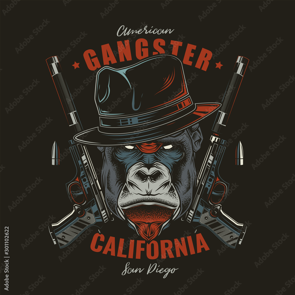 Original vector illustration in a retro style. Angry gorilla gangster in a  hat on the background of two guns with silencers. T-shirt or sticker  design. Stock Vector | Adobe Stock