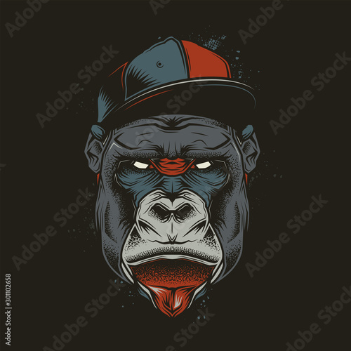 Original vector illustration in a retro style. Evil gorilla head in stylish retro style cap. T-shirt or sticker design