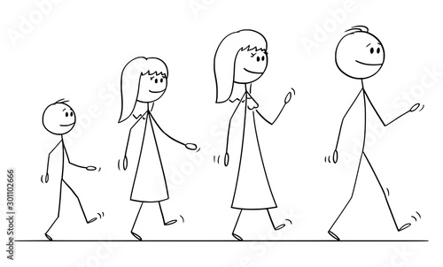 Vector cartoon stick figure drawing conceptual illustration of walking family on trip of man, woman, girl and boy or father, mother, daughter and son.