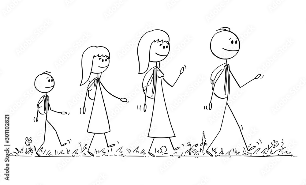 Vector cartoon stick figure drawing conceptual illustration of walking family on trip or adventure of man, woman, girl and boy or father, mother, daughter and son. Vector cartoon stick figure drawing conceptual illustration of walking family on trip or adventure of man, woman, girl and boy or father, mother, daughter and son.