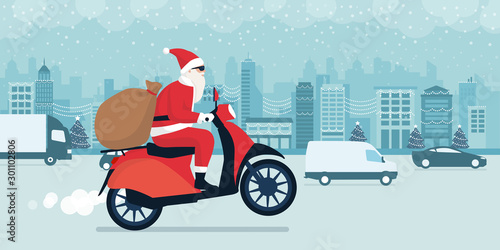 Santa claus delivering gifts on Christmas Eve