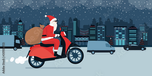 Santa claus delivering gifts on Christmas Eve