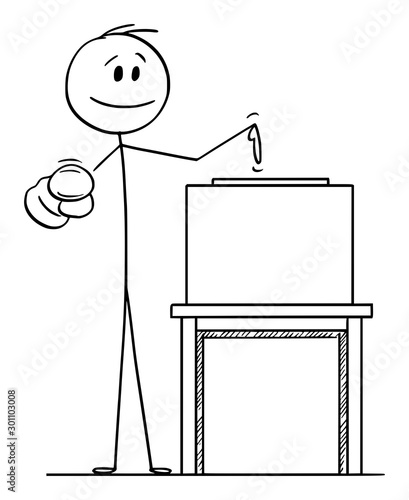 Vector cartoon stick figure drawing conceptual illustration of man pointing at voter or elector and on ballot box to inspire to vote in elections.