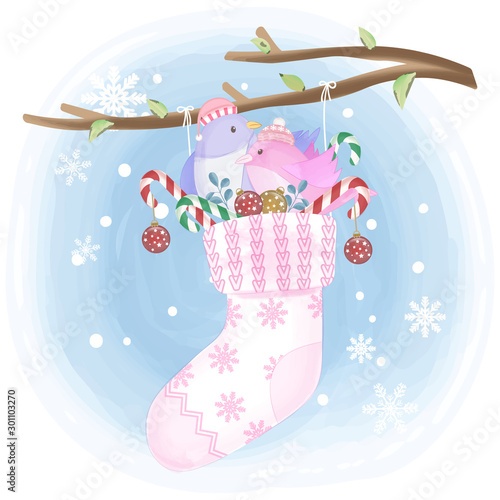 Birds in the sock hanging, Christmas season hand drawn illustration