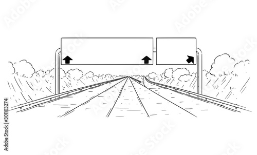 Vector cartoon black and white drawing illustration of forward going highway with branching, arrows and big empty sign.