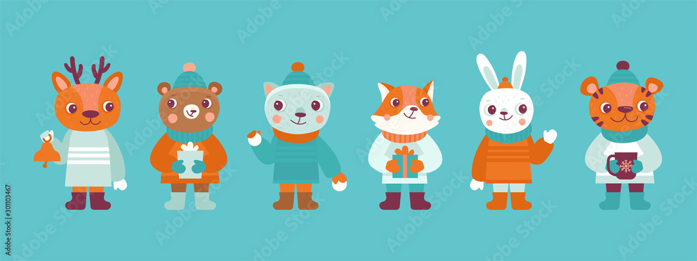 Obraz premium Funny cartoon animals in winter clothes and hats