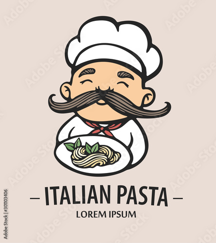 Pasta logo. Hand drawn vector illustration of chef-cooker with a mustache and plate with spaghetti. Colorful Italian chef logo.