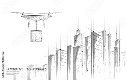 No drones city low poly banner template. Regulation of unmanned aerial vehicles sky delivery. Law ban aircraft privacy protection. Polygonal vector illustration