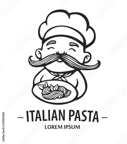 Pasta logo. Hand drawn vector illustration of chef-cooker with a mustache and plate with spaghetti. Italian chef logo.
