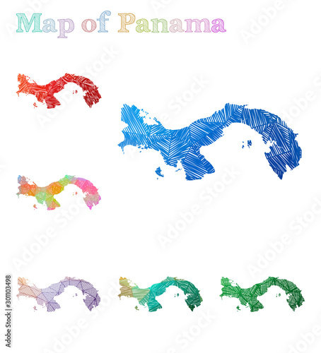 Hand-drawn map of Panama. Colorful country shape. Sketchy Panama maps collection. Vector illustration.