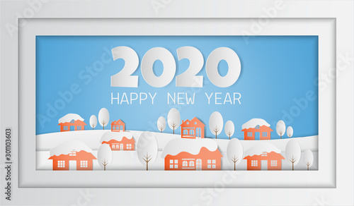 Landscape of village in winter snow forest, 2020 happy new year background. Paper art style