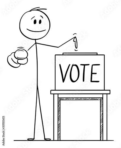 Vector cartoon stick figure drawing conceptual illustration of man pointing at voter or elector, and on ballot box with vote text to inspire to vote in elections.