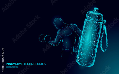 Water aqua bottle athlete rehydration concept. Health care against dehydration isotonic electrolytes drink. Dumbbell workout strong man fitness gym exercise. Low poly 3D vector illustration
