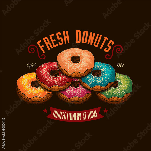 Original vector emblem of baking donuts, in retro style.