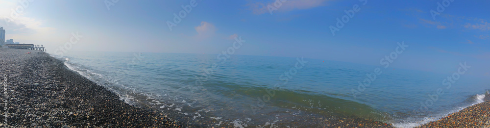 Panoramic view on beautiful sea. Summer sunny day, blue sky, water background