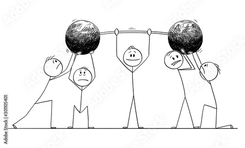 Vector cartoon stick figure drawing conceptual illustration of confident man or businessman lifting heavy weight. Team or colleagues are helping him.Business concept.