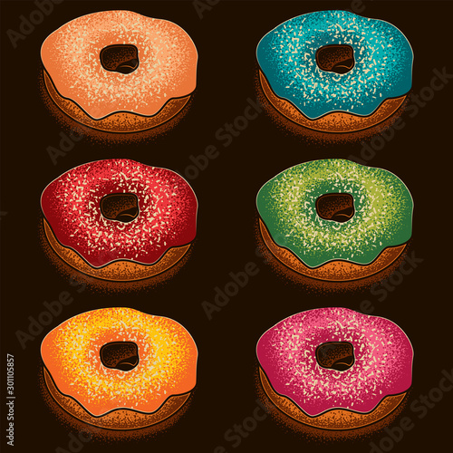 Original vector set of colorful donuts in retro style.