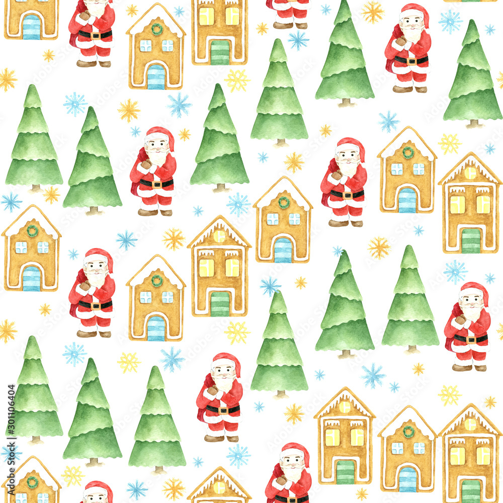 Seamless winter pattern. Christmas watercolor background. Hand drawn Santa Claus, .Gingerbread houses and pine trees. Cartoon character. Isolated objects on white background.