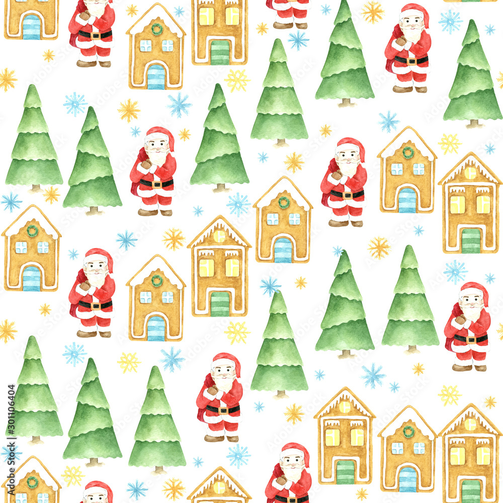 Seamless winter pattern. Christmas watercolor background. Hand drawn Santa Claus, .Gingerbread houses and pine trees. Cartoon character. Isolated objects on white background. Seamless winter pattern. Christmas watercolor background. Hand drawn Santa Claus, .Gingerbread houses and pine trees. Cartoon character. Isolated objects on white background.