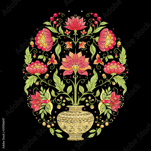 Tradition mughal motif, fantasy flowers in retro, vintage style. Element for design. Embroidery imitation. Vector illustration. Isolated on black background