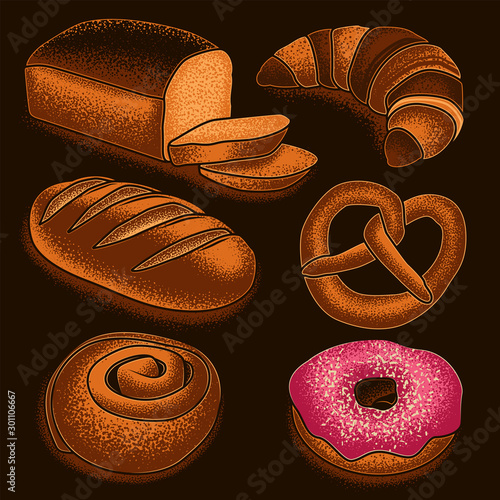 Original vector set in a retro style of flour products. Bread shop